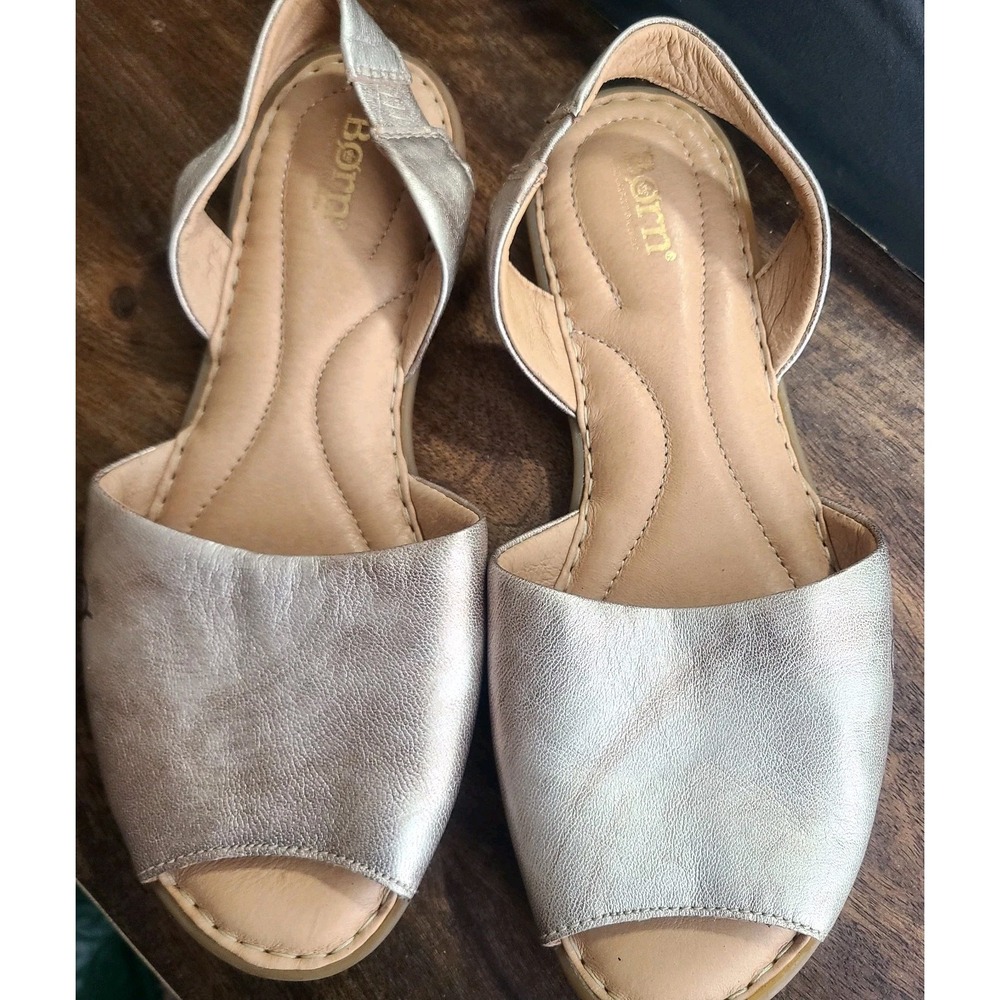 Born Trang Slingback Sandals  9 Gold Metallic Leather Cushioned Peep Toe Flats